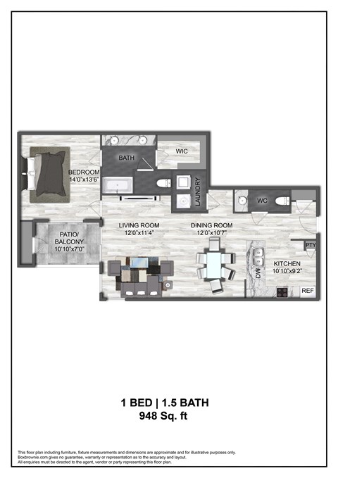 Floor plan for 1 bed, 1.5 baths, 948 sqft